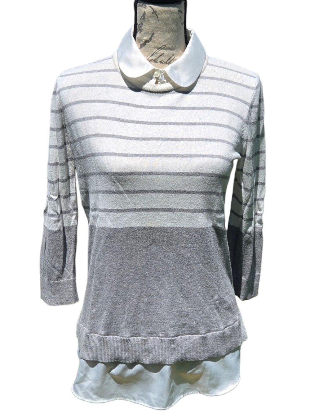 Ann Taylor White and Gray Striped Layered Top Small